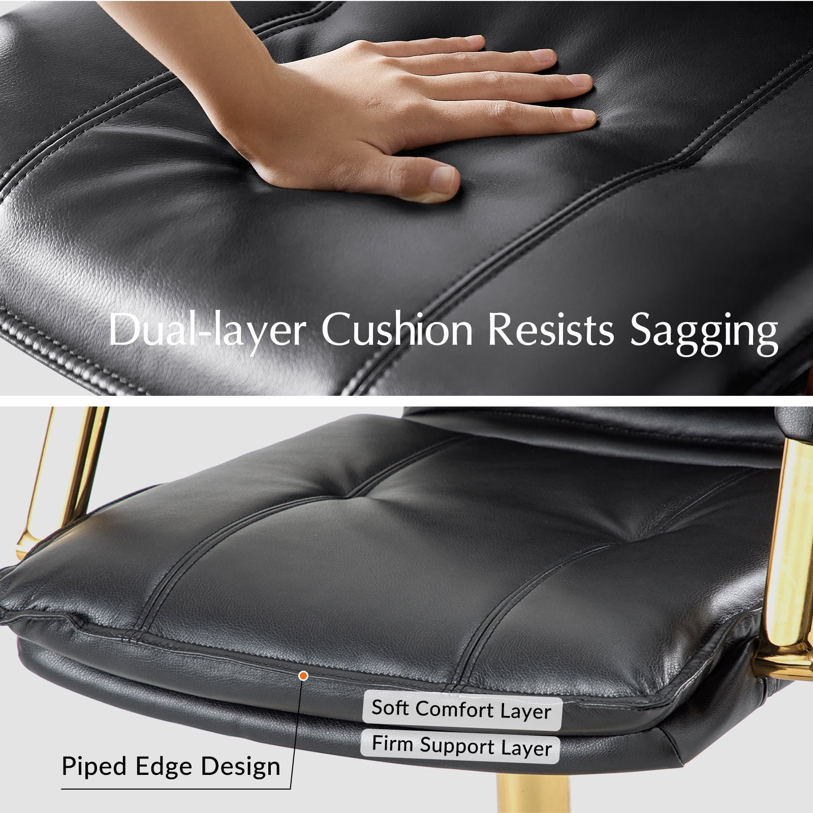 Faux Leather Office Chair Adjustable Swivel Desk Chair with Golden Legs and Arms Upholstered, Black