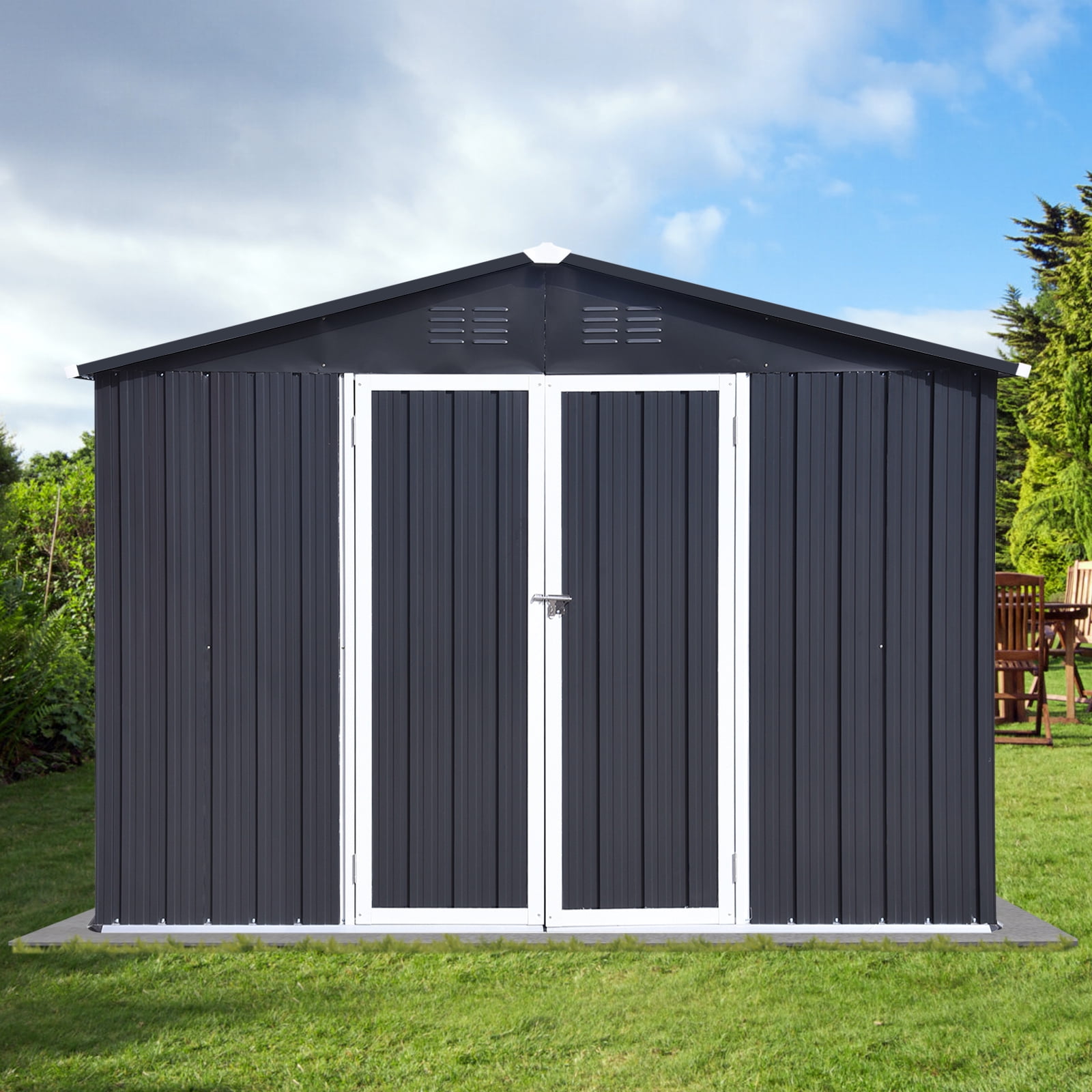 10x12FT Outdoor Metal Storage Shed Tool Bike Generator Weatherproof with Shutter Vents Floor for Garden Patio Backyard, Dark Gray