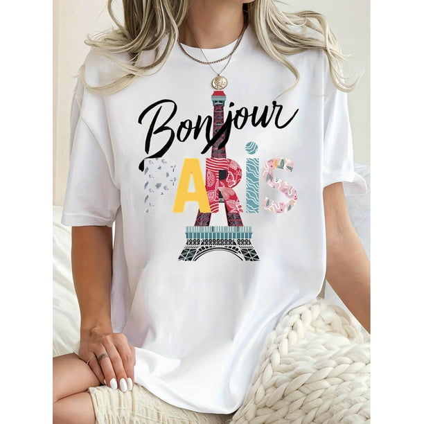 1pc Women'S Casual Cotton T-Shirt with Geometric eiffel Tower Print, Crew Neck, Medium Stretch Knit Fabric, all-Season Fashion Top