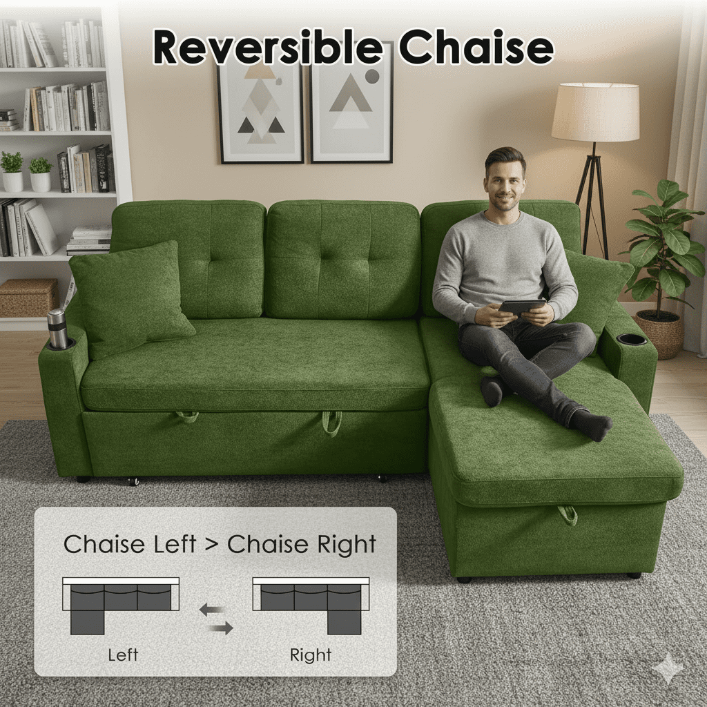 Convertible Sectional Sofa Bed, 82in Sleeper Sofa Bed with Storage Chaise for Living Room, Pull Out Couch L Shaped Couch with USB Charging Port, Cup Holder, Removable Backrest, Teddy Fabric, Green