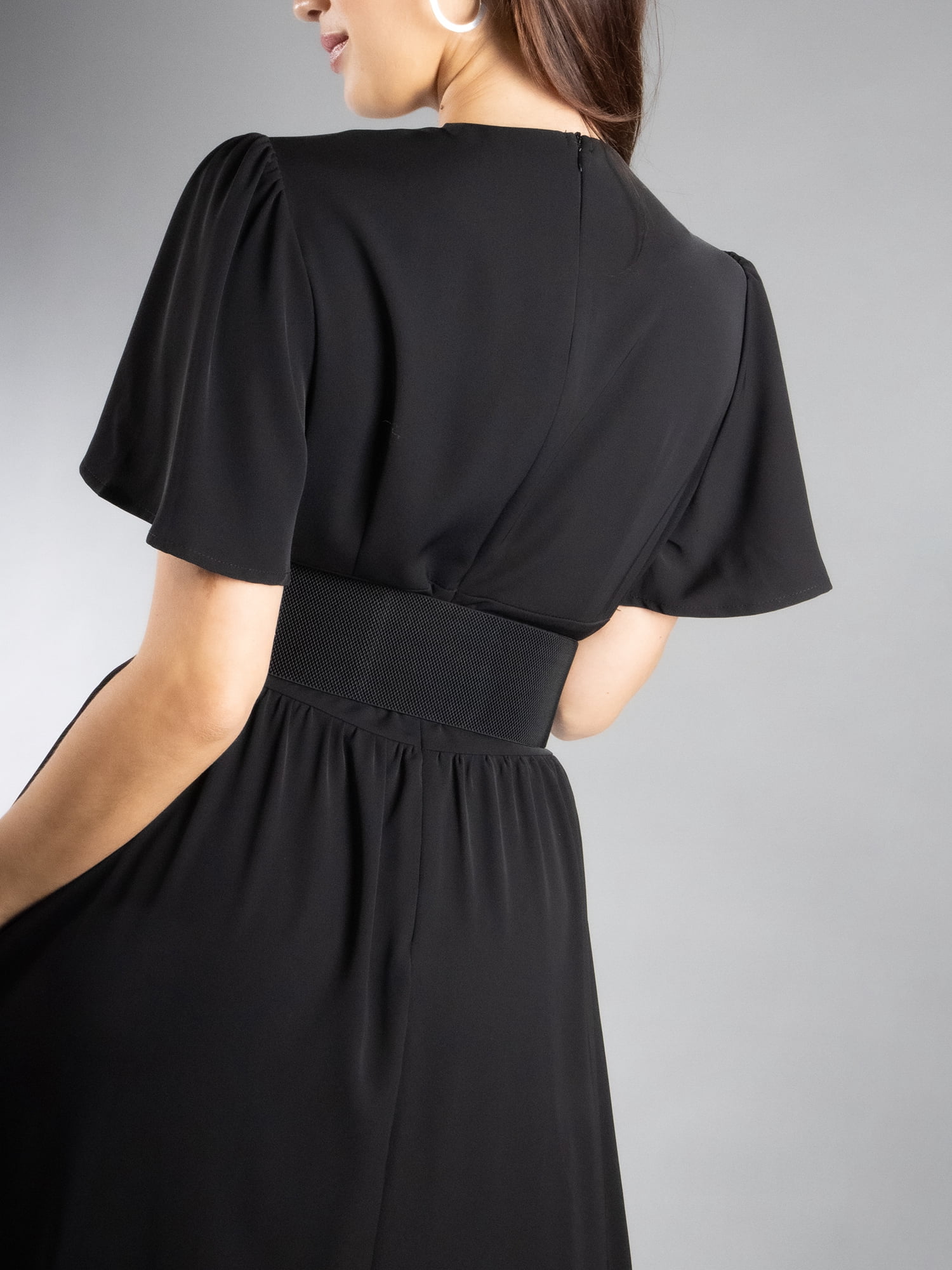 DARING DIVA Women's Elegant Flutter Sleeve Midi Dress S Black