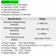 MASTECH MS5901 Circuit Analyzers LED Field Indicator Phase Rotation Tester 3 Motor Meter Sequence Tester Non-contact Rotary Field Indicator(MS5901)