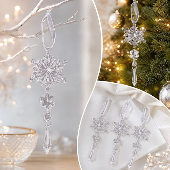 Neoargh 3Pcs Christmas Ornaments Crystal Christmas Tree Decoration, Hanging Clear Acrylic Snowflake Pendants for Xmas Winter Outdoor Indoor Party Decoration Transparent