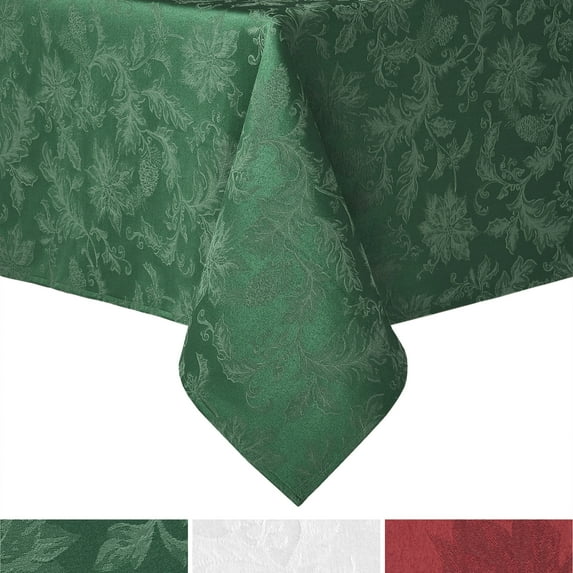 SoHome Poinsettia Holiday Damask Tablecloth-Traditional/Stain Resistant/Machine Washable/Cotton, 60"x160" Green