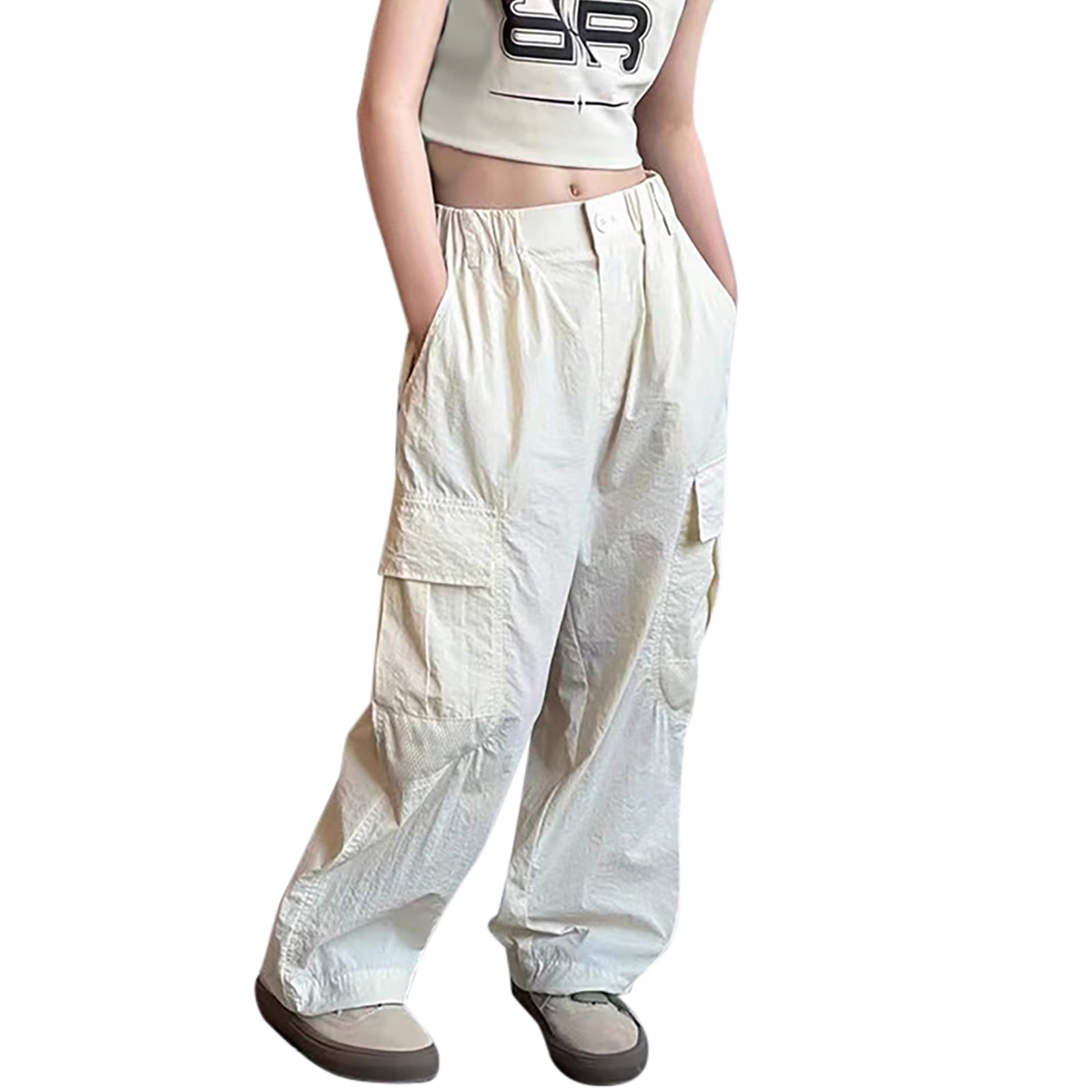 adviicd Girls Uniform Pants Girl s High Elastic Waist Flare Leg Pants Casual Stretchy Long Bell Bottom Trousers Beige 150
