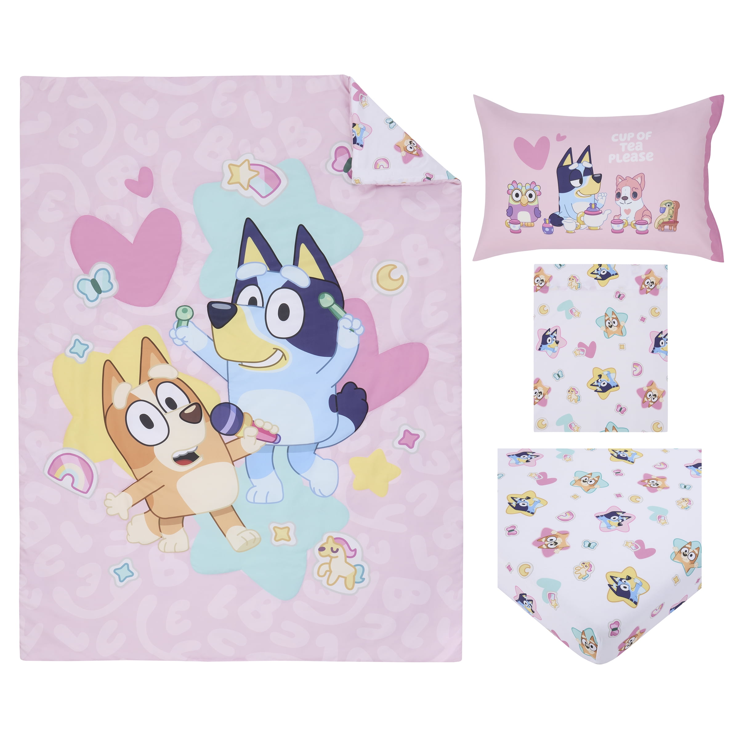 Bluey Best Day Ever 4 Piece Toddler Bed Set, Toddler Girl, Pink