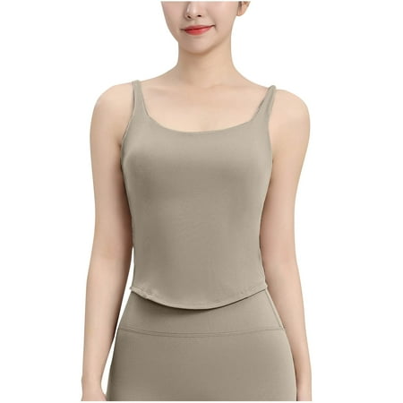 RYRJJ Workout Tank Tops for Women with Built in Bra Sleeveless Gym Cropped Tops Seamless Padded Athletic Yoga Shirts(Khaki XL)