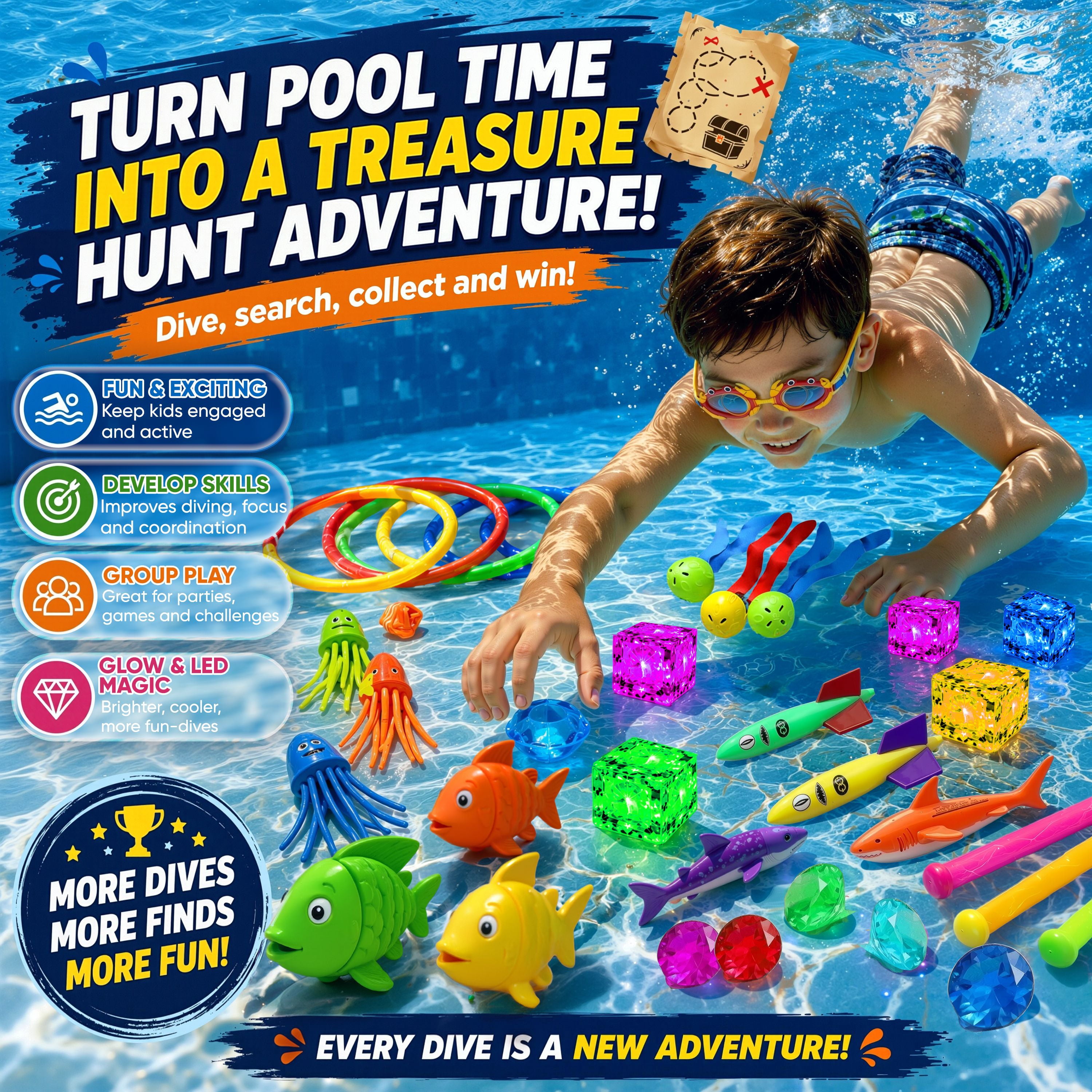 35 Pcs Glow Pool Diving Toys w/ LED Cubes & Goggles – Fun Summer Swim Learning for Kids