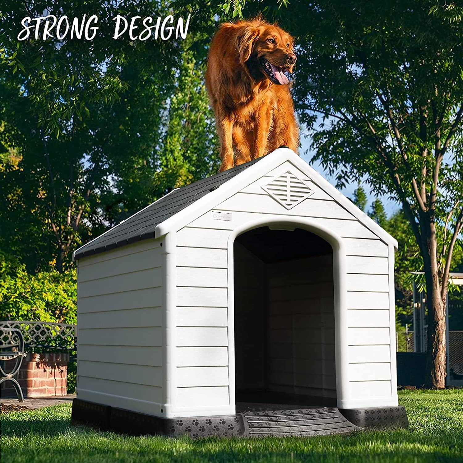 Waleaf Durable Waterproof Plastic Dog House for Small to Large Sized Dogs, Indoor Outdoor Doghouse with Elevated Floor
