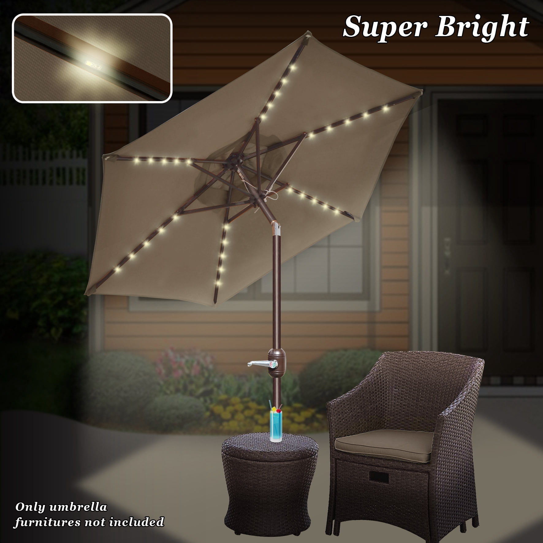 Sunny 6.5ft Outdoor Patio Umbrella LED Lighted Tilt Aluminum Garden Market Balcony Sunshade