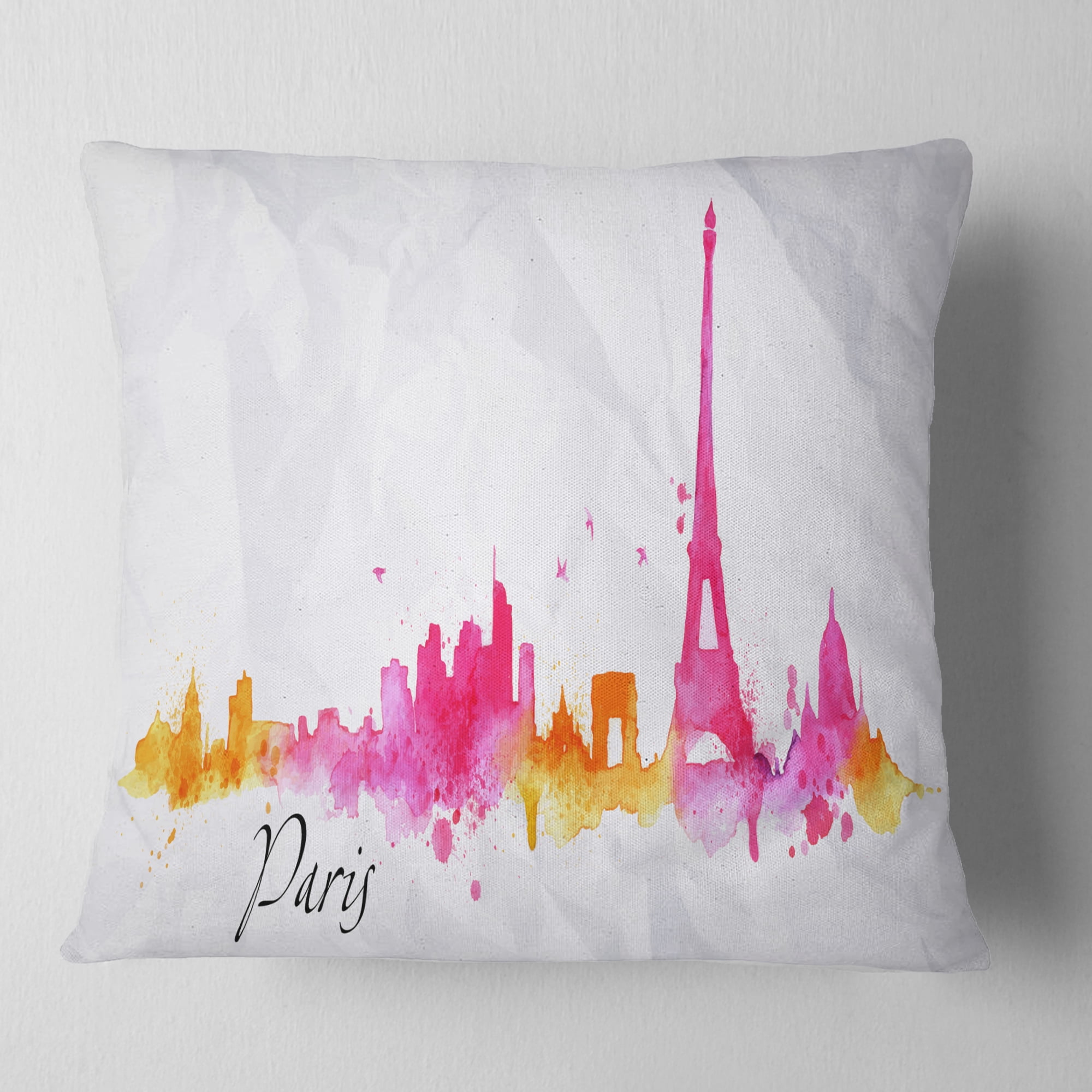 Designart Paris Pink Silhouette - Cityscape Painting Throw Pillow - 16x16