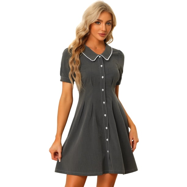 Minivestido Allegra K mezclilla mujer mangas abullonadas botones acampanado Gris Oscuro XL