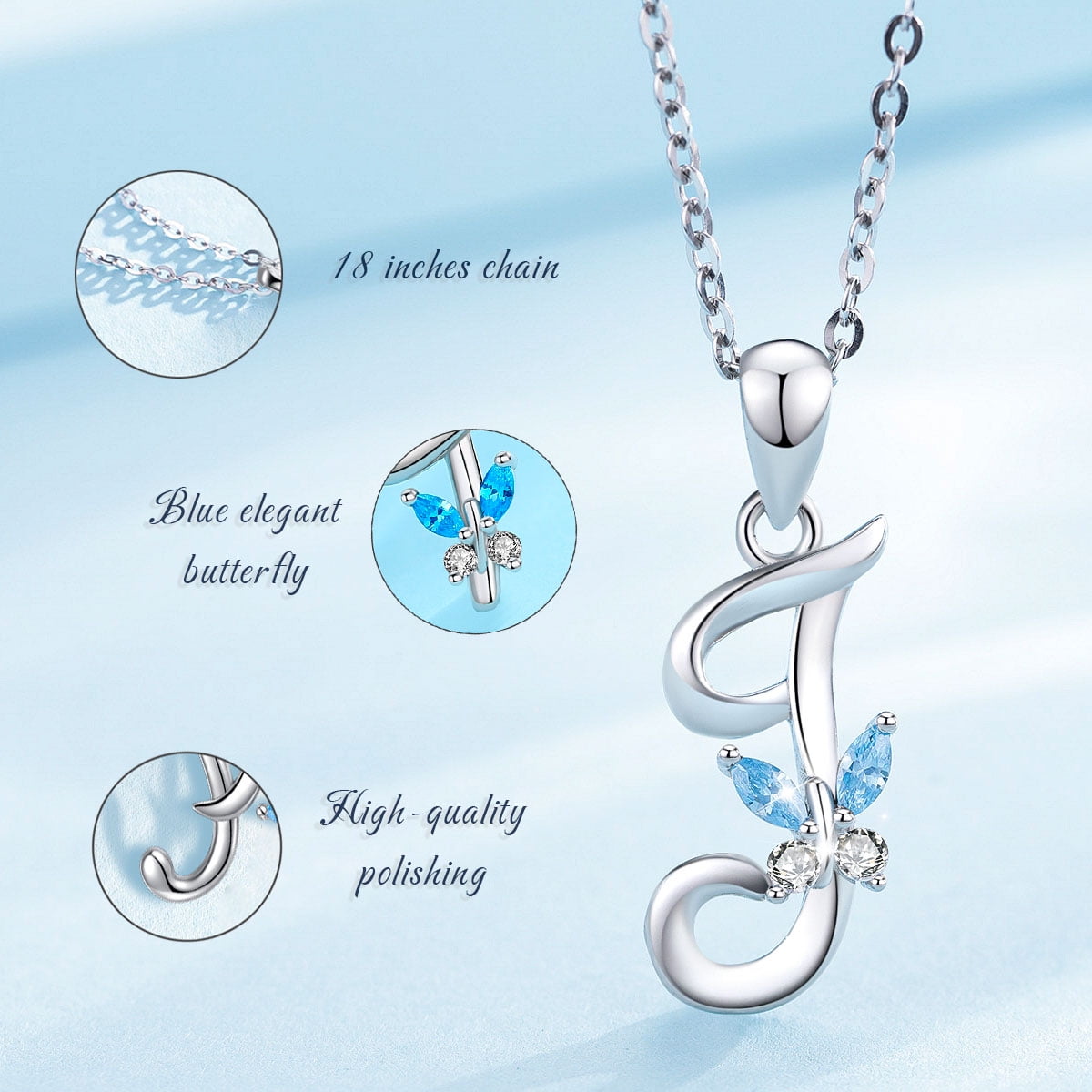 EUDORA Sterling Silver J Initial Necklaces with Blue Butterfly, Script Letter Alphabet Pendant Jewelry Gift for Women, Mother, 18 inch Chain