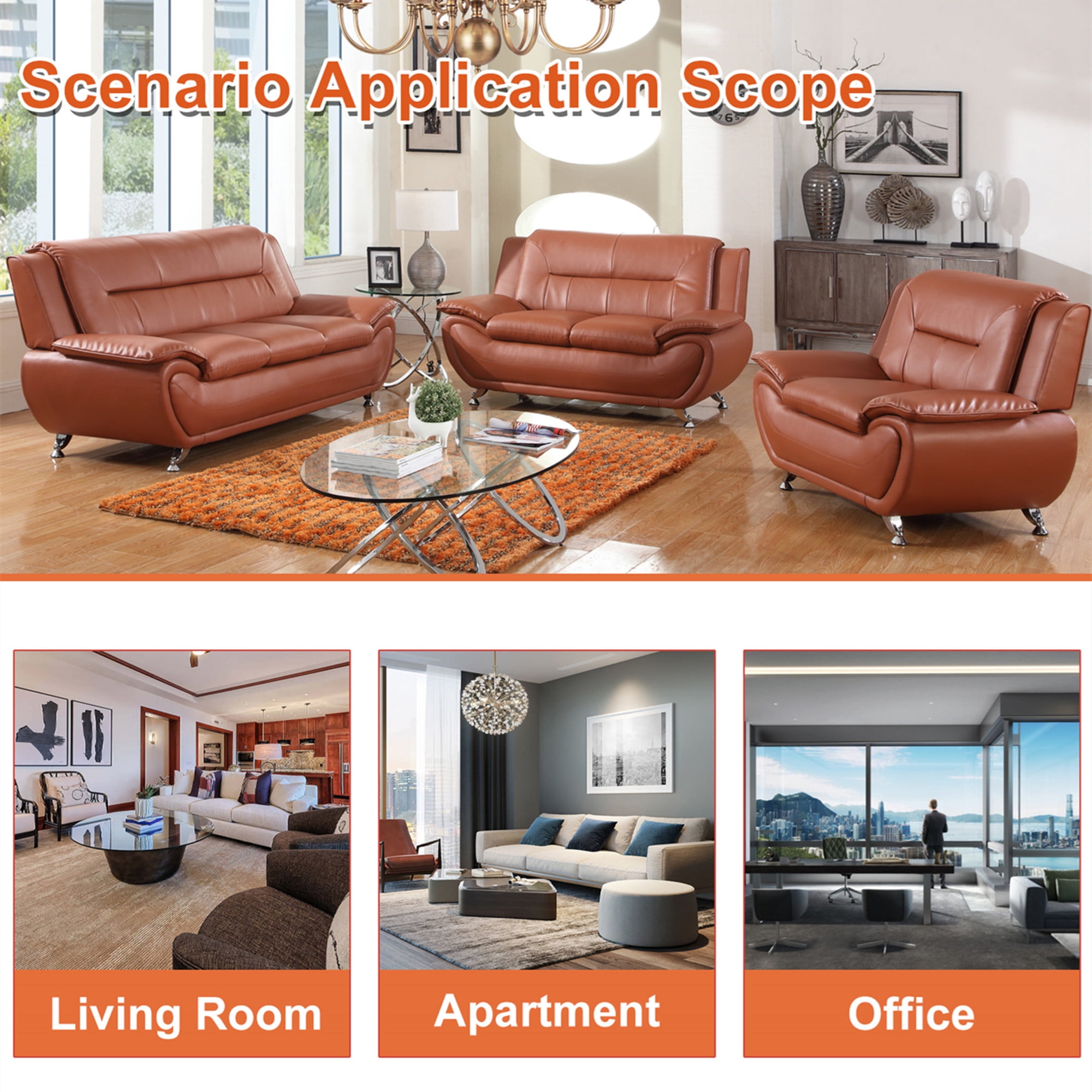 Aukfa 3 Piece Sofa Set - 46" Wide Upholstered Sofa Couch Armchair, Leather, Orange