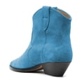 thumbnail image 3 of FSJ Women Western Cowboy Cowgirl Stacked Low Heel Short Boots Faux Suede Pointed Close Toe Pull On Retro Ankle Booties Formal Outfit Shoes Size 9.5 Blue, 3 of 4
