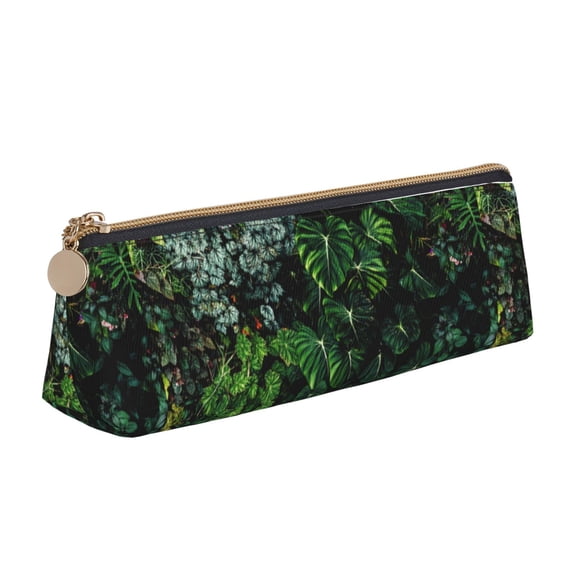 Naloa Lush Foliage Green Plant Print Leather Pencil Case - Portable Big Capacity Pencil Pouch Organizer Bag Stationery Bag for Work & Office Pencil Pen Case