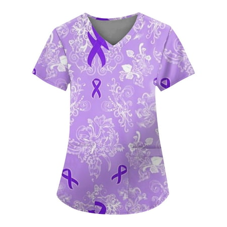 

Ydkzymd Plus Size Scrub Tops for Women Fashion Nursing Graphic Workwear V Neck Short Sleeve Floral Print Blouse with Pocket Uniform Casual Tops Purple 4XL