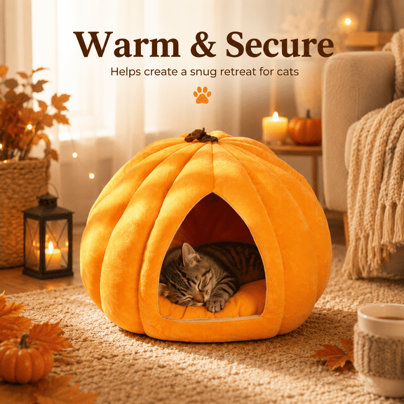 Cozy Enclosed Cat Cave Winter Warm Integrated Pet Sleeping Nest With Soft Cushion Indoor Rest Shelter For Kittens Small Pets Pumpkin Kitty Bed