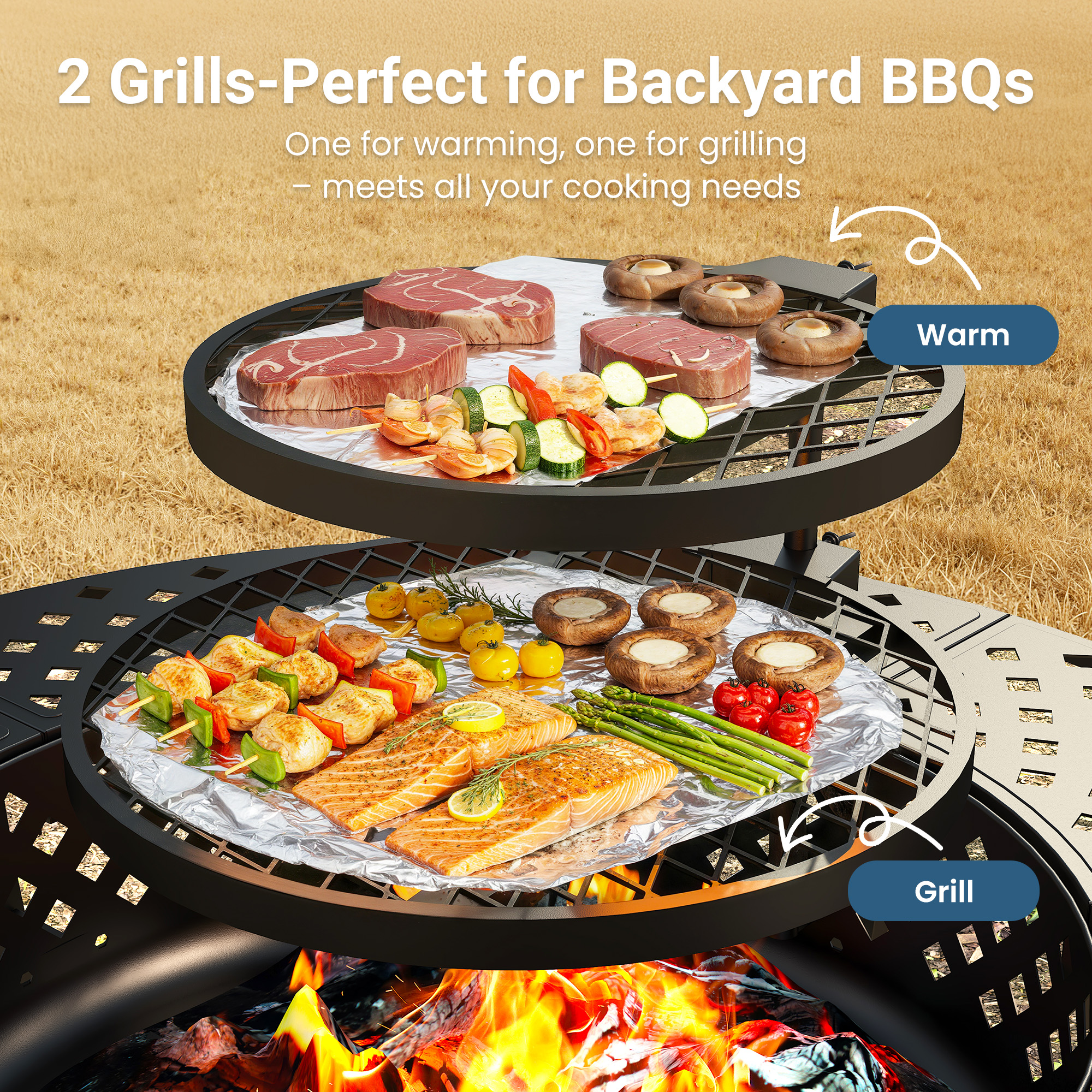 May in Color 43'' Fire Pit with 2 Grills, Outdoor Wood Burning Fireplace with Lid and Fire Poker, BBQ & Bonfire & Round Metal Table 3 in 1 for Patio, Backyard, Garden, Black