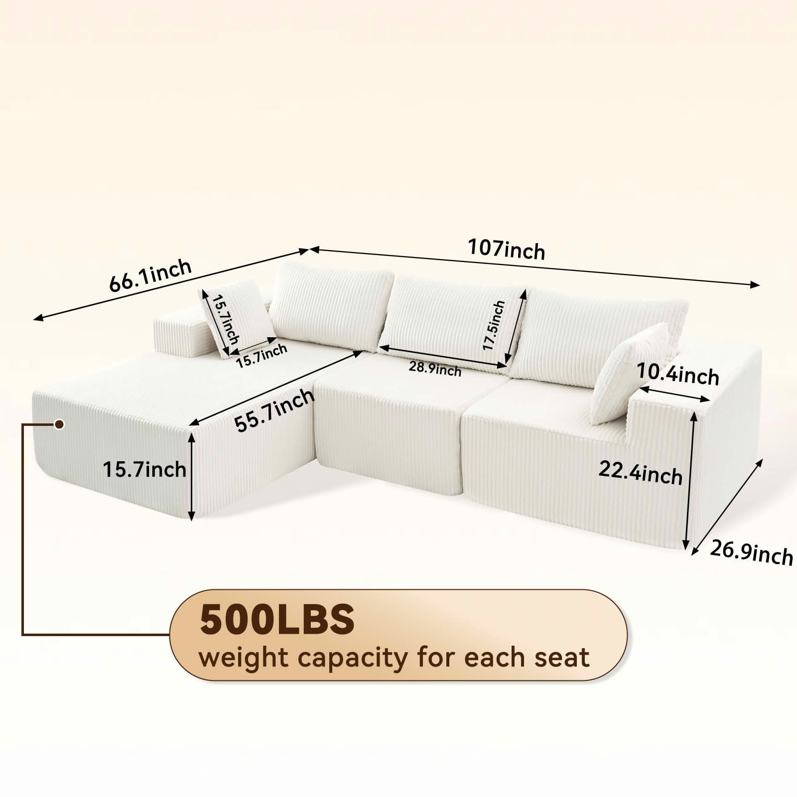 MAYEERTY 108-Inch Modern Modular L-Shaped Sofa, Upholstered Boneless Sofa with Lounge Chair