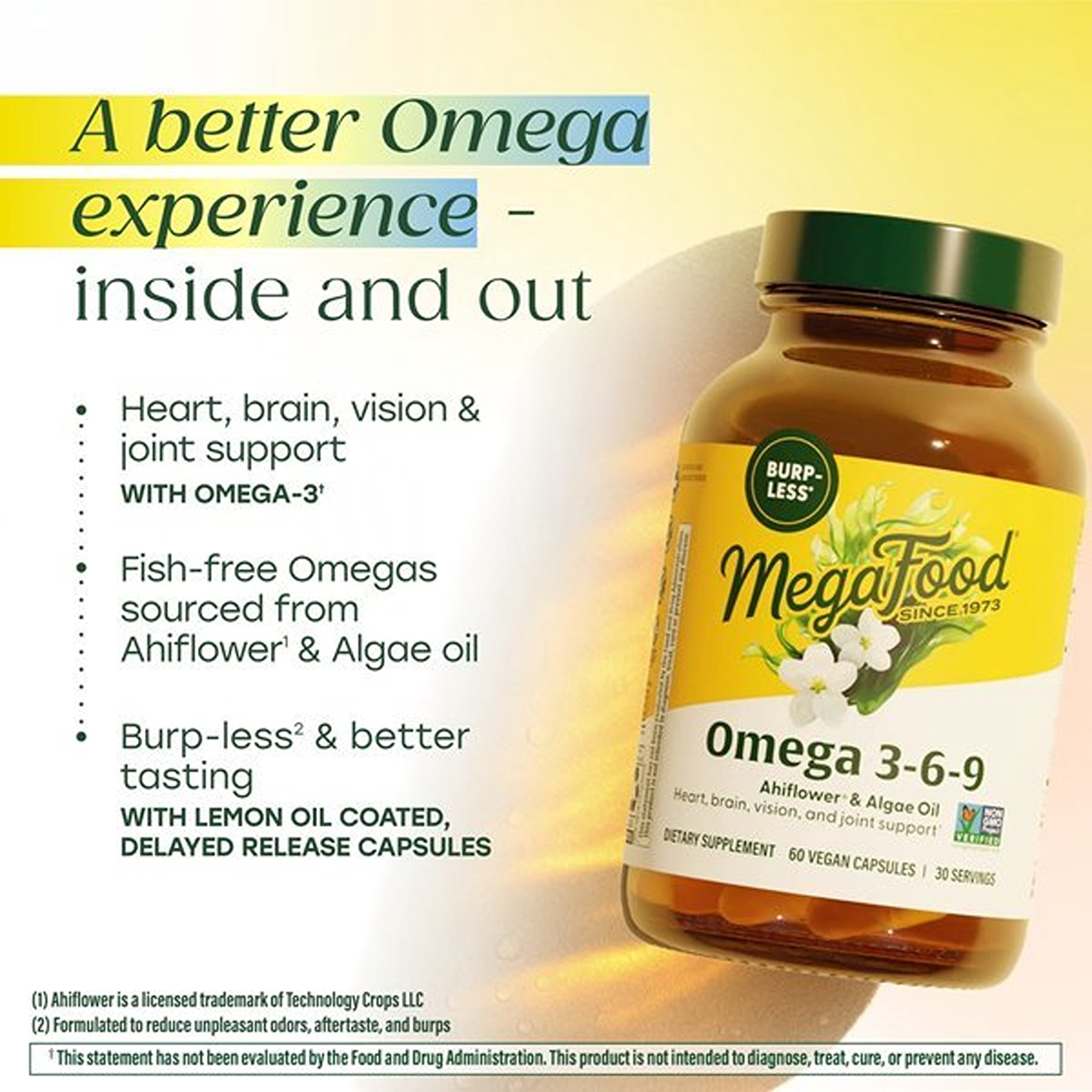 MegaFood Vegan Omega 3 6 9 - Burp-less - Heart, Brain, Vision, Joint Support - 30 Servings
