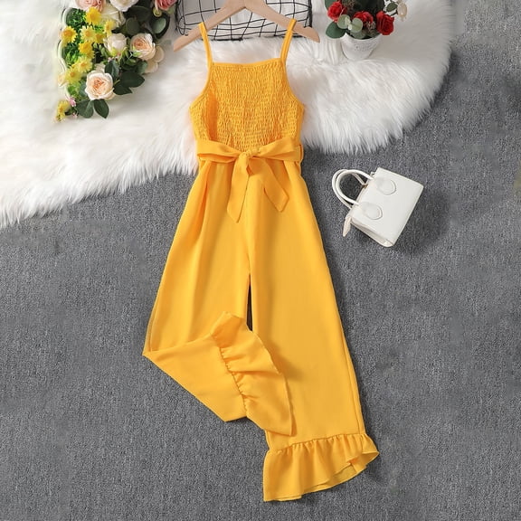 Rvasteizo Girls Jumpsuit Sleeveless Crew Neck Waist Taper Wide Leg Kids Long Outfit for 8-12 Years