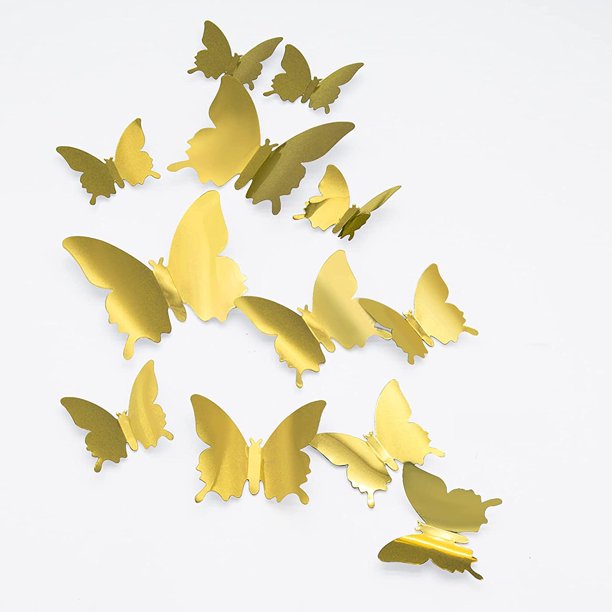 24 pegatinas de pared de mariposas extraíbles, calcomanías de pared de mariposas, arte de pared para el hogar, dormitorio de niños, decoración de boda, habitaciones, mariposa, espejo 3D, decoración del hogar (dorado) Vhermosa ZSY-0508