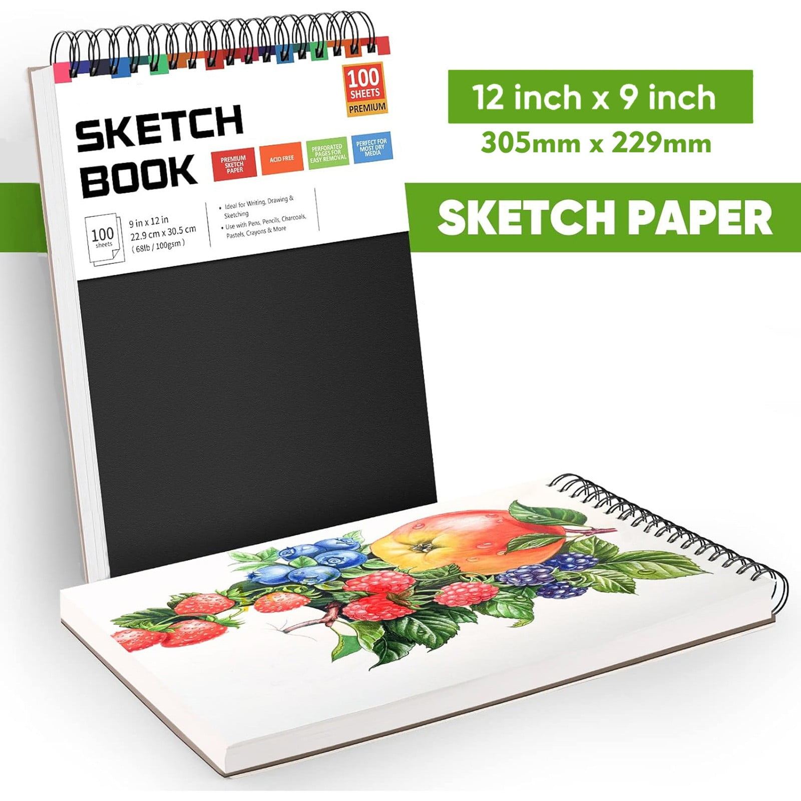 9" X 12" Sketch Book,Blank Drawing Books,Top Spiral Bound Sketch Pad & 0.09" Thick Cardboard Under,100 Sheets 68lb/100gsm Acid-Free White Sketch Paper For Artists Beginners & Enthusiast(Black)
