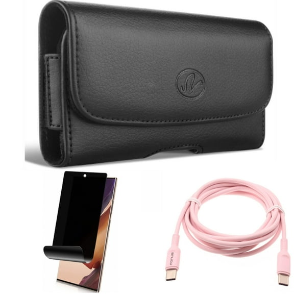 Privacy Screen Protector & Case Belt Clip & Pink 6ft Long Cable for Samsung Galaxy Note 20 Ultra (6.9") - Combo with TPU Film Anti-Peep & Leather Swivel & USB-C to Type-C PD Fast Charger