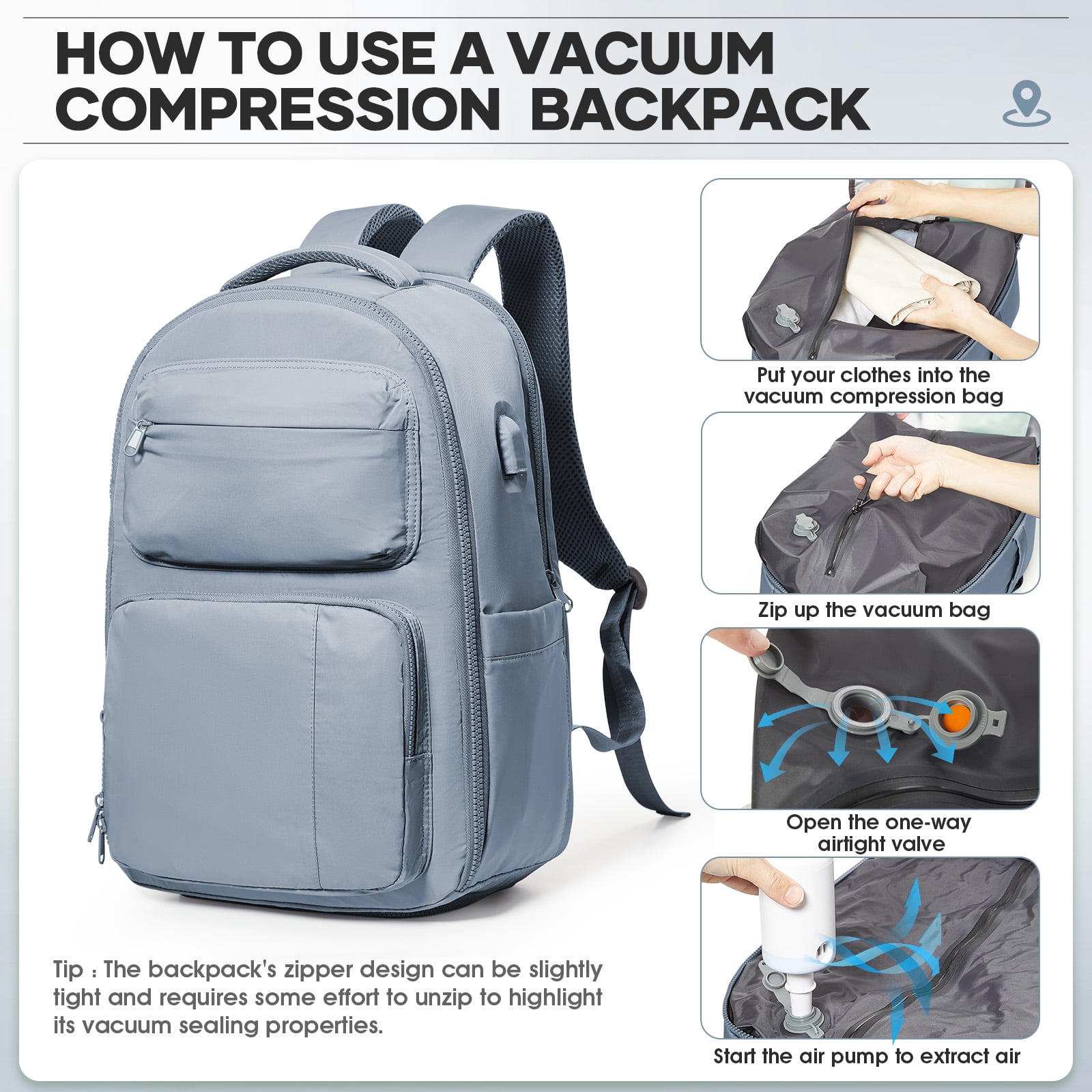 Vacuum Travel Backpack with Pump, Vacuum Seal Compression Backpack for Travel on Airplane, Vacpack Backpack with Vacuum Packing for Women Men Airpack Daypack Fit 17 Inch Laptop Travel Bookbag Blue