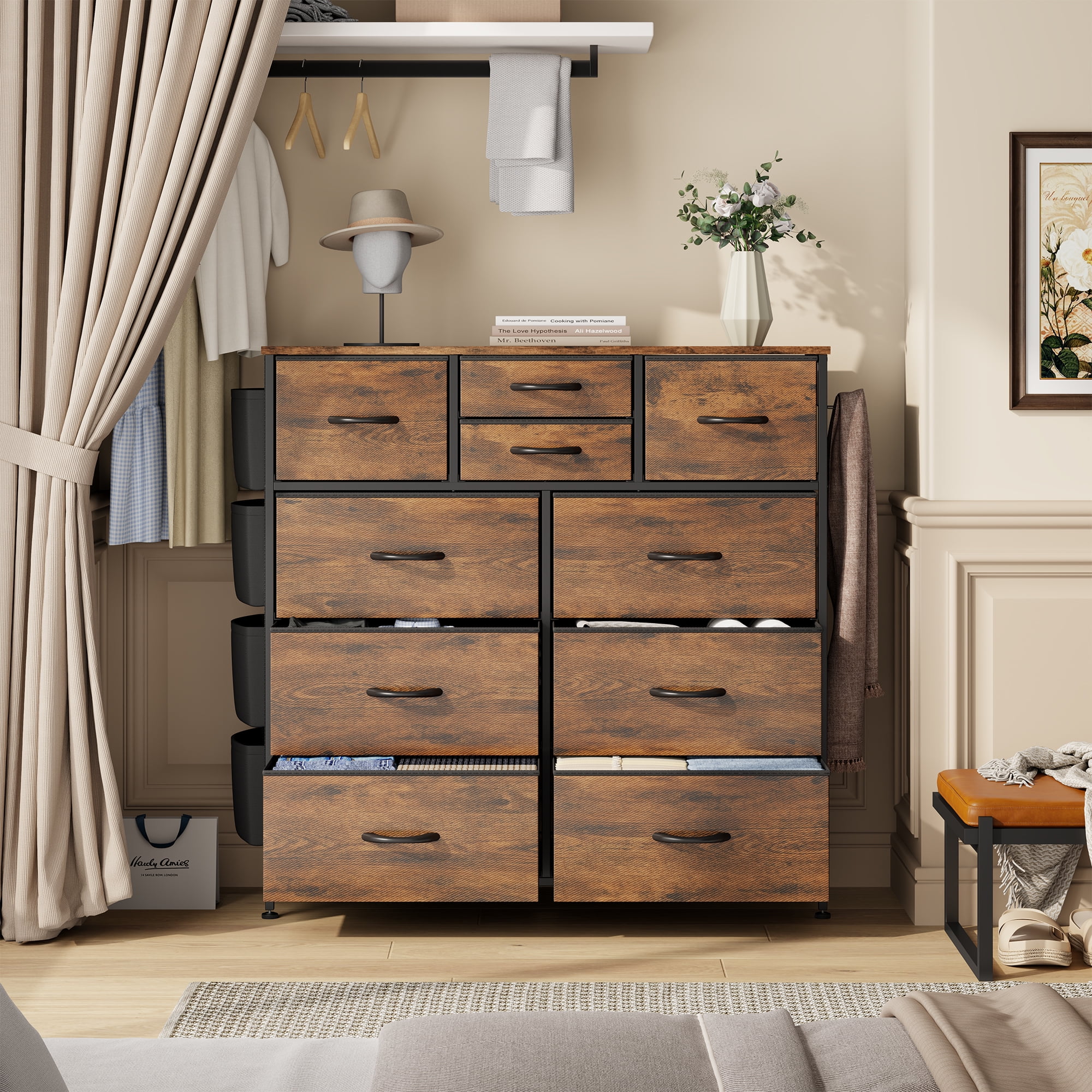 LainTene 10 Drawer Dresser, Fabric Dressers for Bedroom, Modern Storage Chest of Drawer with Side Pockets for Home Entryway, Guest Room, Small Spaces, Rustic Brown