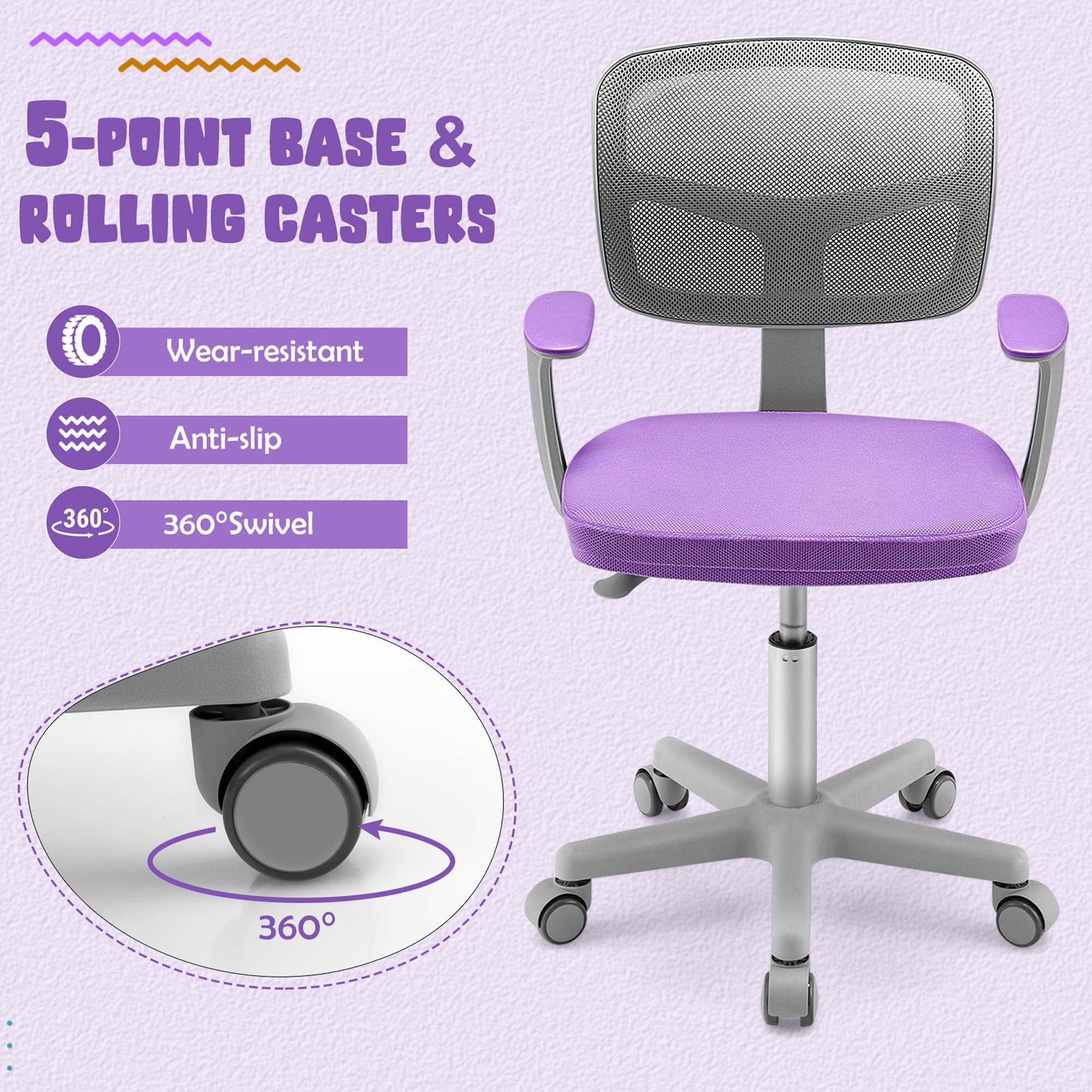Costway Kids Mesh Armrests Height Adjustable 360-Degree Desk Chairs, Swive Purple