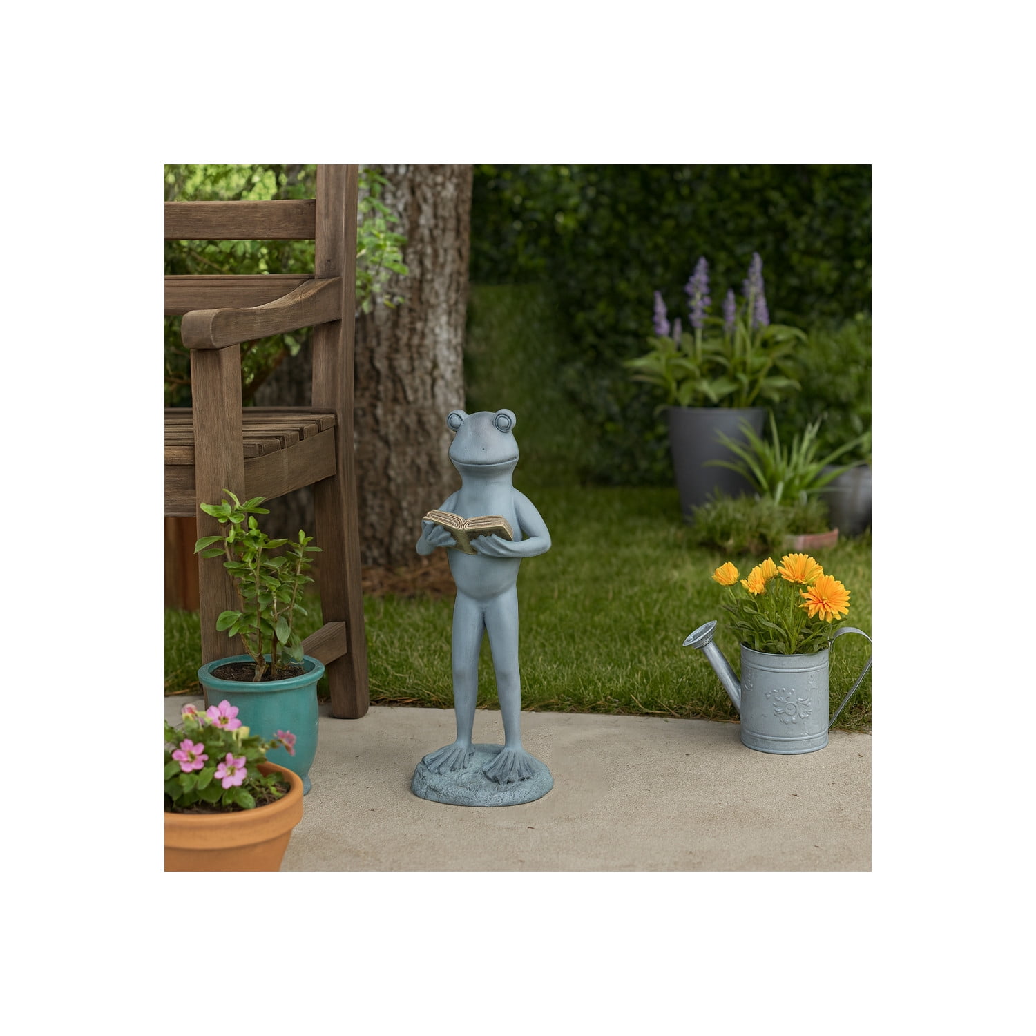 Standing Frog with Book Statue for Garden Decor - Decorative Front Porch for Patio, Backyard, and Walkways Display - Whimsical Yard Art Sculpture for Flower Bed or Deck Decor - 18", Grey & Metallic