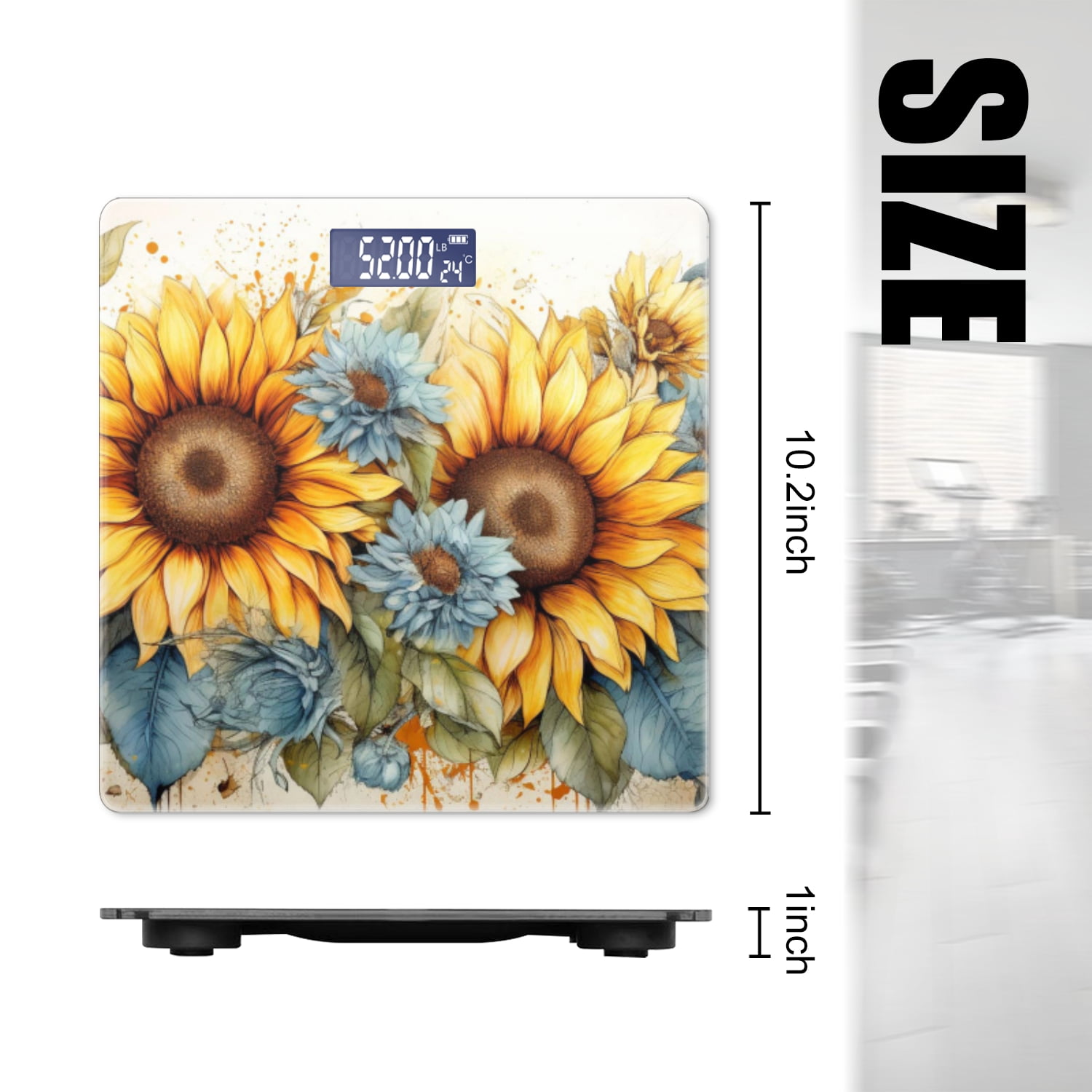 High Precision Body Weight Scale Smart Bathroom Scales with Large LCD Display(400lbs),Decorative for Bedroom-Watercolor Painting Of Sunflowers And Blue Flowers