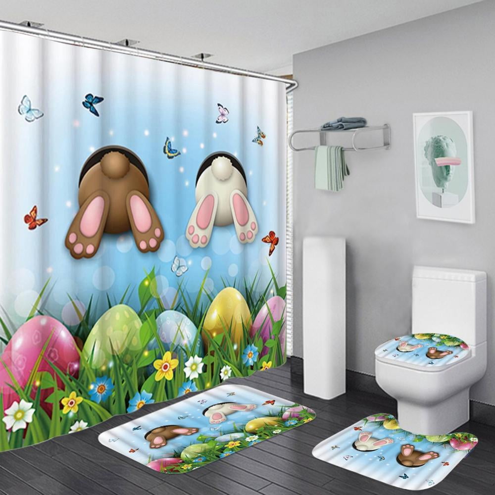 Bathroom Waterproof Fabric Shower Curtain Set Happy Easter Cute Bunny Pattern 