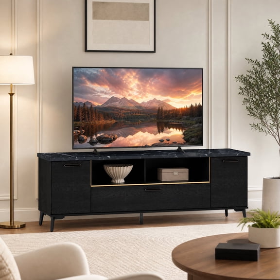 Mid Century Modern TV Stand for TVs up to 75 Inch,Entertainment Center with Flip Door Cabinet,Black