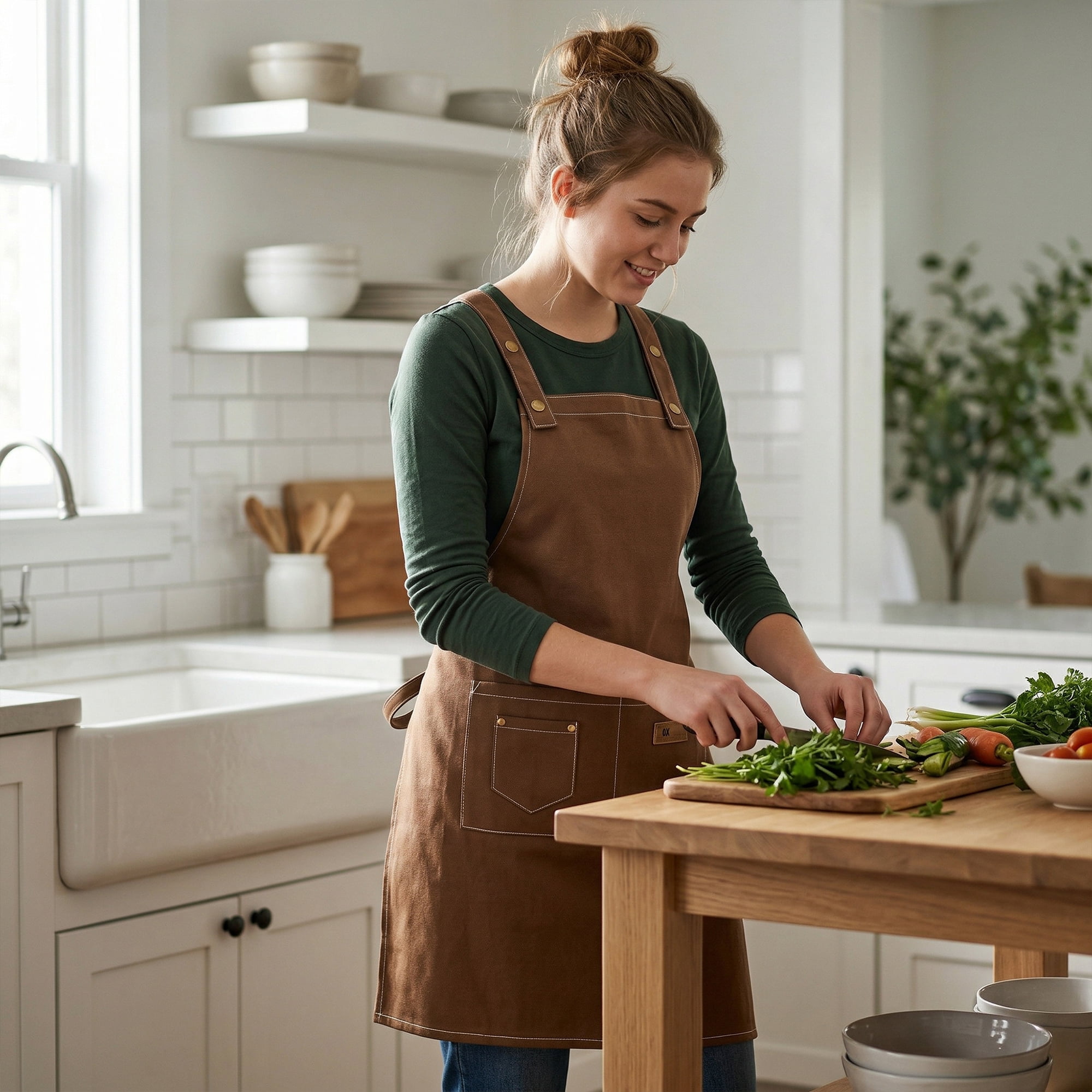 Unique Bargains Durable Cotton Kitchen Apron with Pockets for Cooking 28.4x26in Brown