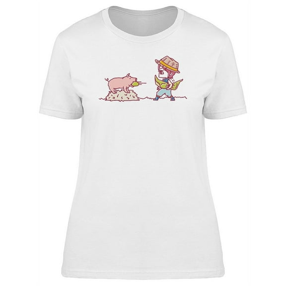 Cute Pig And Farmer Cartoon Tee Women's -Image by Shutterstock