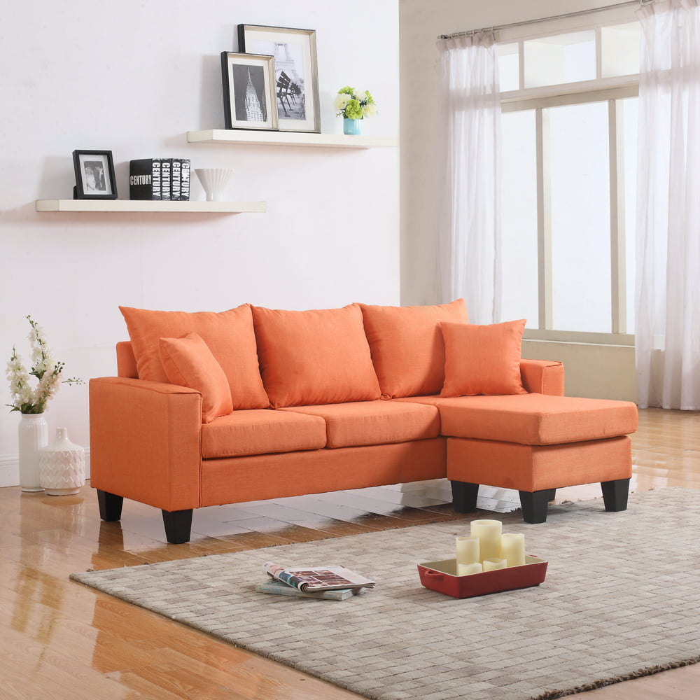 Modern Linen Fabric Small Space Sectional Sofa With Reversible Chaise Orange