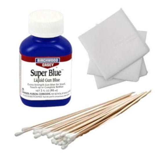 Super Blue Gun Blue Bottle - Double Strength Bluing Plus 25 Quality Cotton Swabs and 3" Cotton Patches for Restoring Guns and Other Metal Items