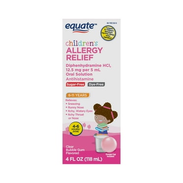 Equate Childrens Dye-Free Diphenhydramine Allergy Relief Liquid, 12.5 mg, Bubblegum, 4 fl oz