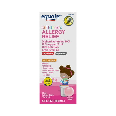 Equate Childrens Dye-Free Diphenhydramine Allergy Relief Liquid, 12.5 mg, Bubblegum, 4 fl oz