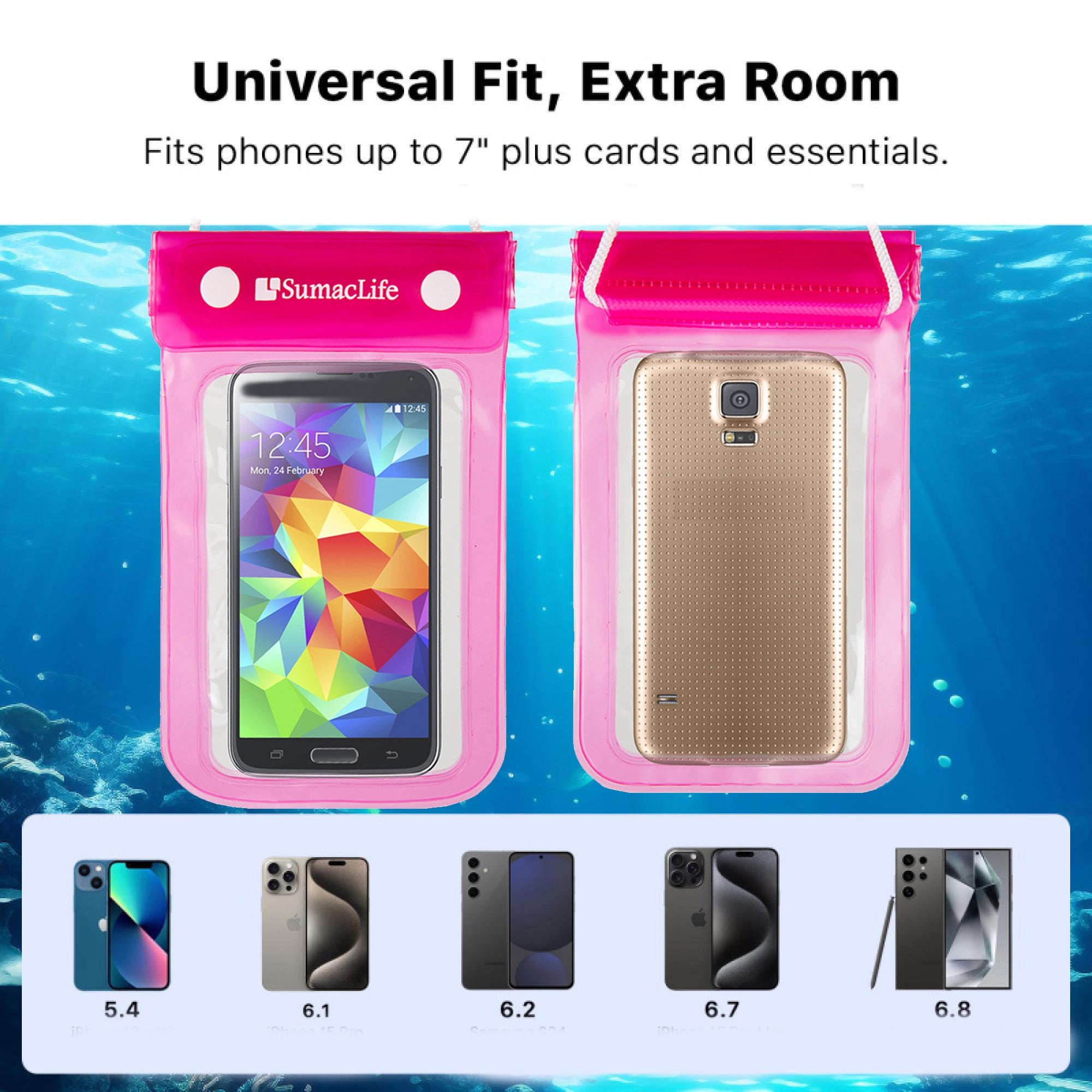 (2-Pack) Waterproof Phone Pouch Dry Bags with Strap – Universal Fit for Most Smartphones – Pink Clear Case