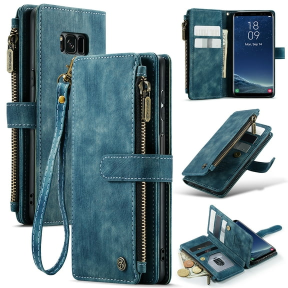 Wallet Case Compatible with Samsung Galaxy S8, Multifunctional Magnetic Closure Folio Case, [RFID Blocking] Durable PU Leather Flip Lanyard Strap Wristlet Zipper Card Holder Phone Case, Blue