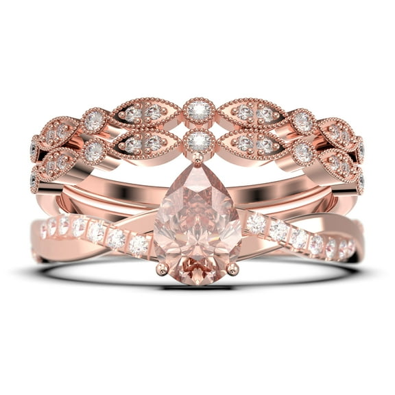 Gorgeous Art Deco 2.25 Carat Pear Cut Morganite And Diamond Moissanite Engagement Ring,Two Matching Band, Twisted Band Wedding Ring in 925 Sterling Silver With 18k Rose Gold Plating Gift For Her