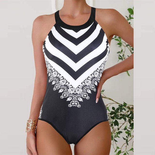 Trajes de baño de una pieza para mujer, traje de baño de bikini conservador de cintura alta con cuello en V y tirantes estampados para mujer, traje de baño para mujer