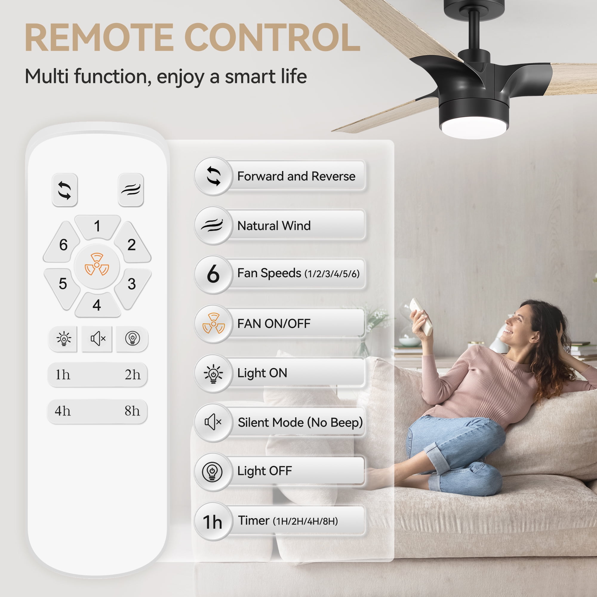 ALKAFY 52 inch Modern Ceiling Fan - 3-Blade Black/Wood Grain Fan Blades, DC Motor, LED Light & Remote