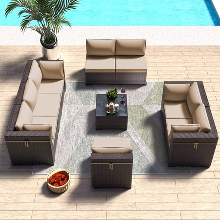 ALAULM Outdoor Patio Furniture Set, 9 Pieces Outdoor Sectional Furniture Sofa,Tempered Glass Top Table & Cushions, Sand
