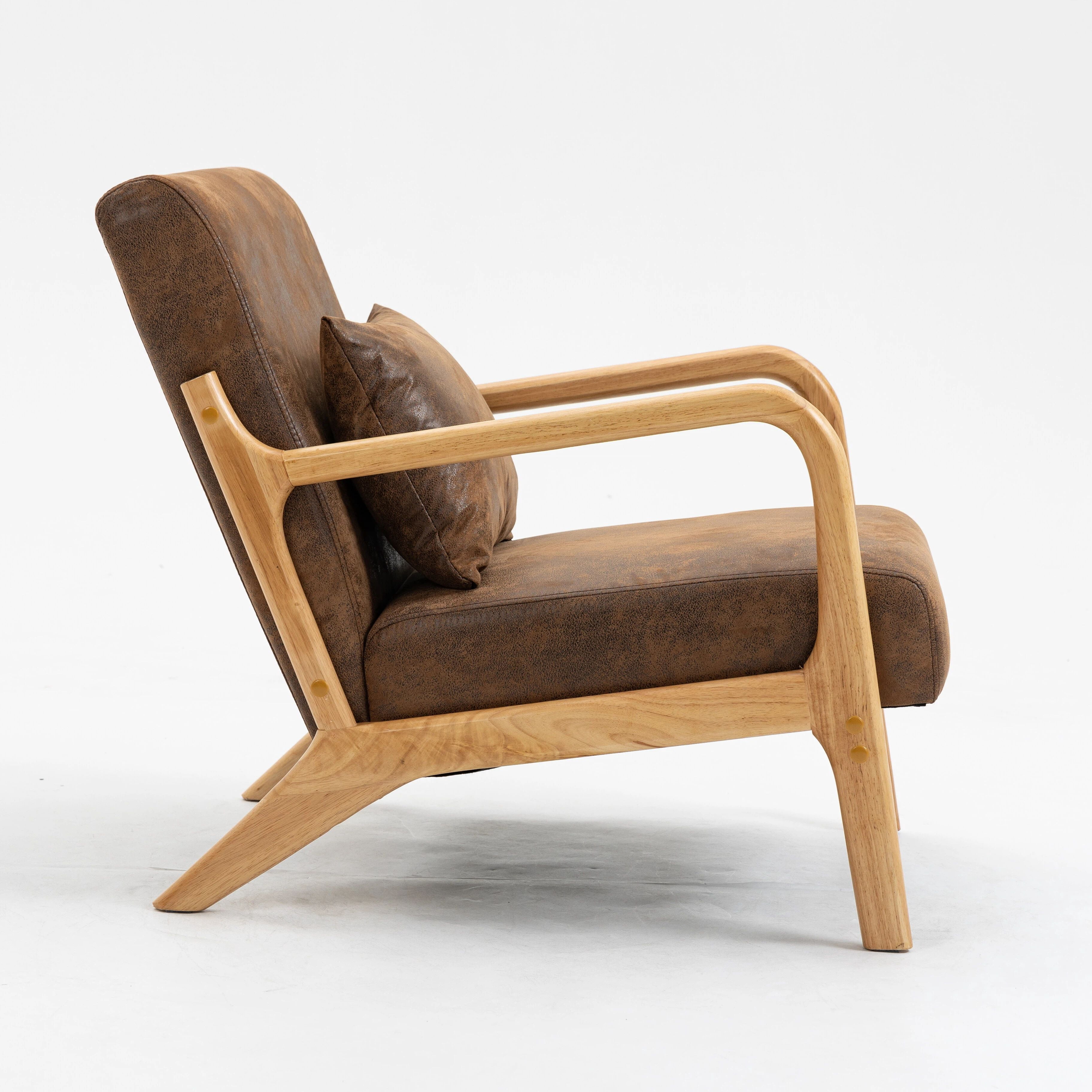Euroco Mid-Century Modern Accent Chair, Upholstered Armchair with A Pillow and Wood Legs,Comfy Reading Chair for Living Room Bedroom Office,Antique Brown