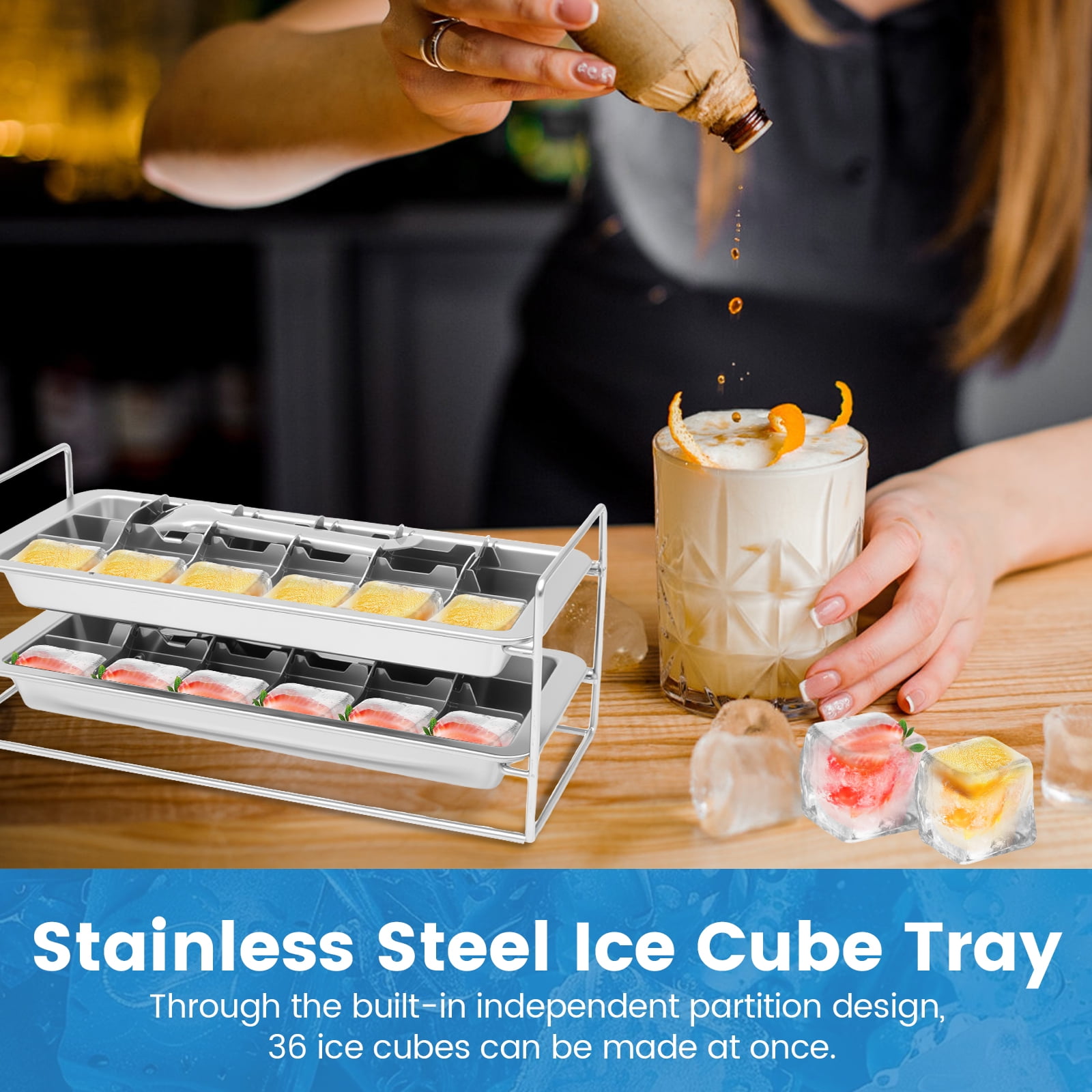 LINFANG 2 Pcs Stainless Steel Ice Cube Tray with Stand and Clip Reusable Metal Ice Cube Tray with Easy Release Lever Total 36 Slots for Bars and Kitchens